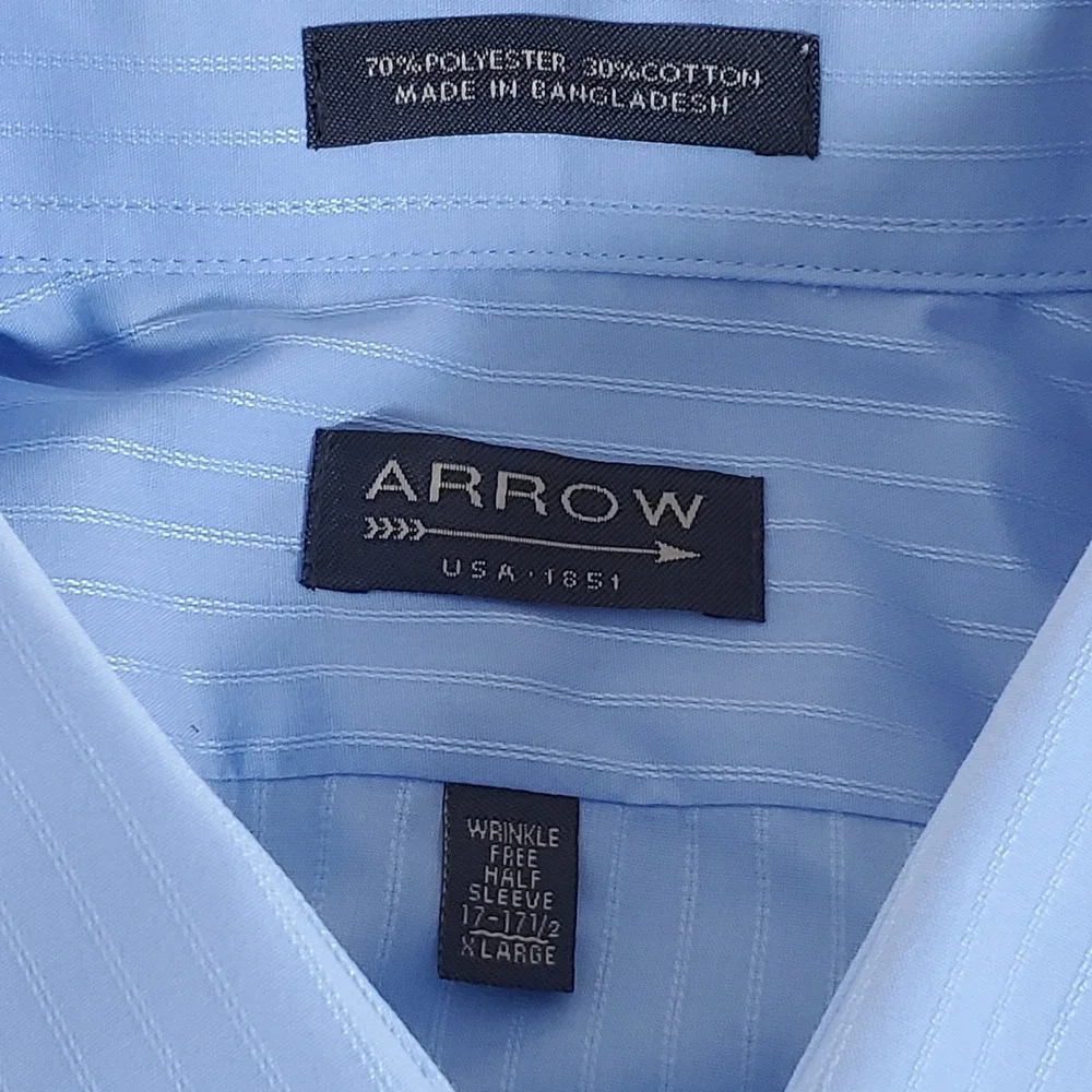 Arrow Men's Button Up Shirt 17 17.5 XL Blue Subtle Stripe Wrinkle‎ Free
